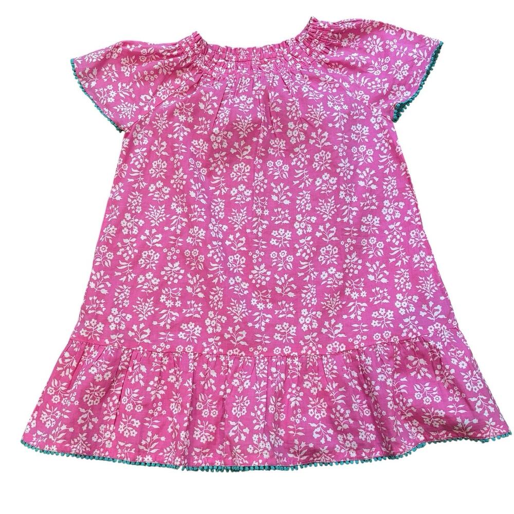 Boden Girls Pink Floral Cotton Poplin Dress Turquoise Bobble Trim Ruffles 5-6